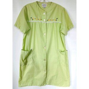 Vtg 60s 70s Time Off Loungewear Green Housecoat Duster Dress Lace Trim M/L